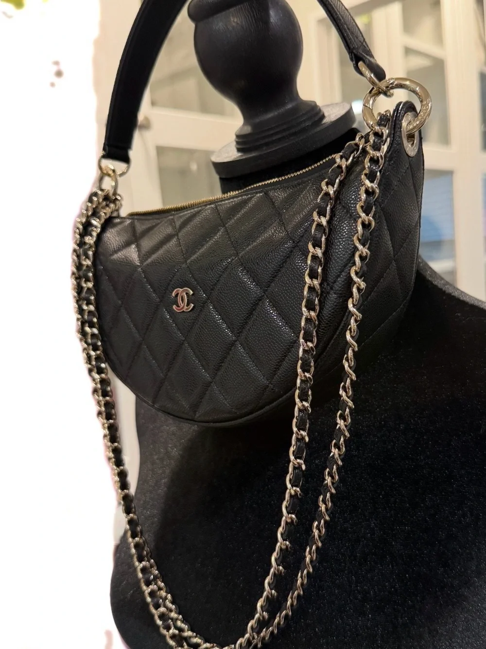 CHANEL Black Quilted Half Moon Shoulder Bag with Chain Strap Champagne Hardware